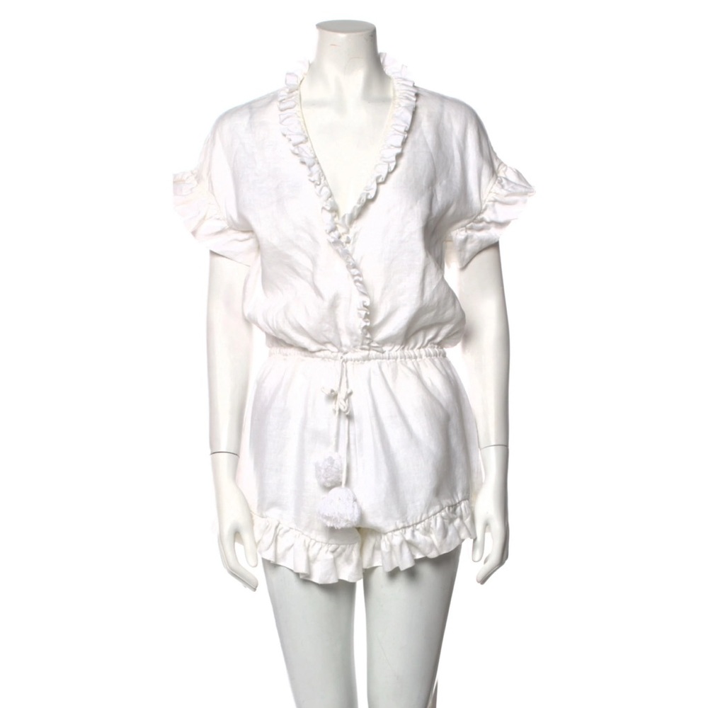 ALEXIS Faine White Linen Ruffle Romper Tassel Waist | Size M | Resortwear